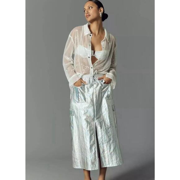 Anthropologie Maxi Skirt Womens L Silver Split Front Elastic Waist Pocket Nylon - Picture 1 of 13